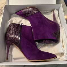 Stunning Violet Purple Leather Booties With A Mix Of Suede And Calf Skin Leather. Worn Several Times But Impeccably Stored With A Never Used Dust Bag. 3.5 Inch Heel. Please Examine Photos Closely For Signs Of Wear - And Ask Any Questions Prior To Purchasing To Ensure You Are Happy With The Condition, Any Wear, Etc. I Am More Than Happy To Answer Questions And Take Videos To Make Sure You Are Fully Satisfied With The Item. The Box Says A European Size 38. Please Look Closely At The Box And Make Y Luxury Suede Ankle Boot Heels, Purple Pointed Toe Boots For Formal Occasions, Formal Purple Boots With Pointed Toe, Chic Purple Leather Heels, Designer Purple Leather Heels, Formal Purple Boots, Cutout Ankle Boots, Classic Punk, Chloe Boots