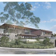 an artist's rendering of the exterior of a modern house with trees and bushes