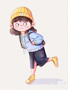 a drawing of a girl wearing a hat and carrying a backpack on her back,