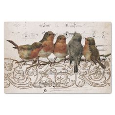 four birds sitting on top of a piece of music with musical notes in the background