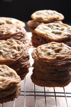 chocolate chip cookies cooling on a rack in the oven, ready to go into the oven