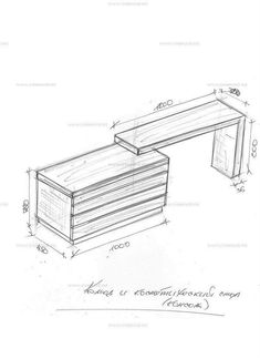 a drawing of a desk with drawers and writing on the top, along with a pencil drawing