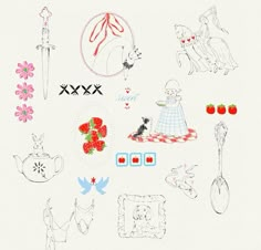 an image of various stickers on a white surface with flowers and other things in the background