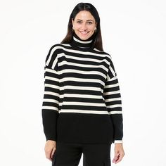 WynneLayers SoftKNIT Striped Turtleneck Sweater  Who doesn't love a classic striped turtleneck? This cuddle-worthy dropped-shoulder sweater is just what your cold-weather wardrobe needs. Striped Turtleneck Sweater, Jersey Sweater, Wardrobe Needs, Striped Turtleneck, Drop Shoulder Sweaters, Draped Fabric, Shoulder Sweater, Easy Wear, Love A