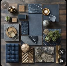 an assortment of marble and gold accents on a wooden floor