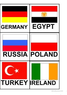 four different flags with the names of countries