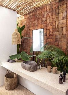 a bathroom with a stone counter top and plants on the wall, along with two mirrors