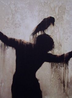 the silhouette of a person with two birds on their shoulders, standing in front of a wall