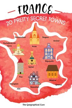 the cover of france's 20 pretty secret towns, which are illustrated in watercolor