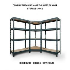 an image of a storage rack with shelves for different types of items on it and the text, combine them and make the most of your storage space