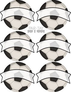 six soccer balls with ribbons on them and the words par - tay written in white