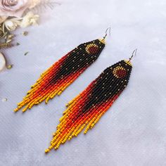 Moon beaded earrings, Crescent Moon and Stars seed bead earrings, Black extra long ombre earrings, Beadwork earrings Fringe Dangle. Size: Length, beadwork part - 12.5 cm (4.92'') Width - 3 сm (1.19'') Materials: Czech glass beads Stainless steel ear hooks Nylon Thread Silicone plugs  .. ready to be given away! Contact me if you have any questions. I will be happy to answer :) Please note that due to lighting effects, monitor's brightness, contrast and other settings, there might be some slight differences in the color tone/shade of the web site's photo and the actual item. SHOP POLICY 1. If the package is damaged or your post tries to deliver you an empty package, refuse to receive it or file a claim, otherwise it can't be proven. 2. International customers are responsible for any import f Beadwork Earrings, Ombre Earrings, Moon And Stars, Earrings Black, Seed Bead Earrings, Ear Hook, Fringe Earrings, Bead Earrings, Bead Weaving