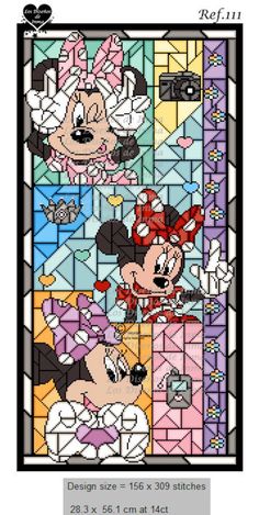 a cross stitch pattern with mickey and minnie mouses in the stained glass window design