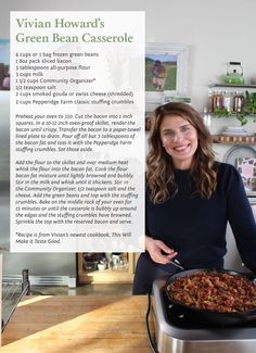 a woman sitting in front of a sign that says, green bean casserole