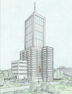 a pencil drawing of a building in the city