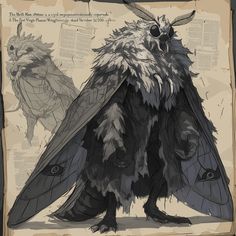 a drawing of a bird with horns and feathers on it's head, standing in front of an old book page