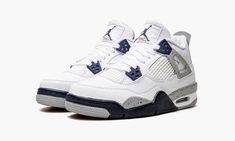 The Air Jordan 4 GS “Midnight Navy” is the youth sizing of the colorway of Michael Jordan’s fourth signature shoe inspired by the model’s iconic “White Cement” style.  A versatile look for the retro basketball shoe, the upper is constructed from white leather, save for the tongue and mid-panel which feature tonal mesh detailing.  Midnight Navy plastic lace holders are found on the throat and collar.  The Jordan 4’s signature “Cement” detailing appears on the “Wings” tabs, on the mudguard, and on Air Jordan 4 Midnight Navy, Jordan 4 Midnight Navy, Cute Jordans, Jordan 4’s, Fav Shoes, Retro Basketball Shoes, Nike Shoes Girls, Jordan Shoes Retro, Expensive Shoes