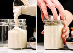 two images showing how to make an oatmeal smoothie with berries and milk