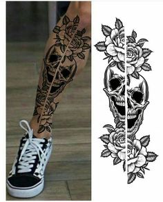 two different tattoos on one leg and the other with skulls, roses and arrows in them