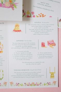 the wedding program is laid out on pink paper