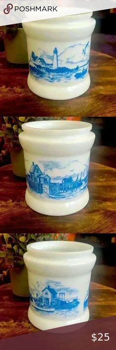 70s Milk Glass Humidor Canister Tobacco Jar Blue Coastal Fishing