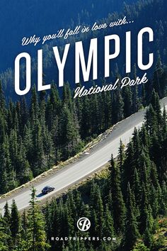 the olympic national park sign on top of a mountain with pine trees in the background