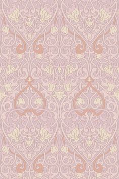 a pink and beige wallpaper with an intricate design