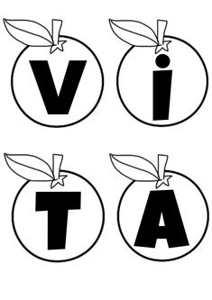 four apples with the letters v, t, and i in each letter on them