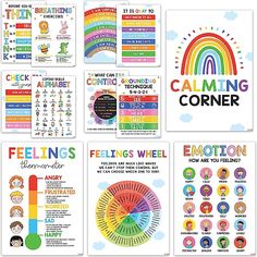 the feelings wheel posters are all in different colors and sizes, including one with rainbows