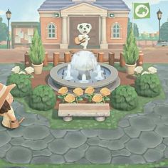 an animal crossing the street in front of a building with a fountain and people sitting on benches