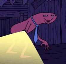 a cartoon character in a tie leaning over a table and looking at something on the ground