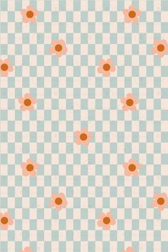 an orange and blue checkered pattern with flowers on it