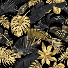 gold and black tropical leaves with a red circle in the middle