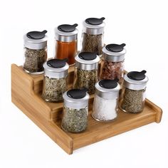 Propped bamboo spice rack Step Shelf, Shelf Spice, Workbench Light, Shelf Spice Rack, Bamboo Spice Rack, Spice Collection, Step Shelves, Bin Rack, Wood Spice Rack