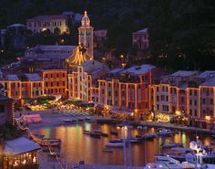 a harbor filled with lots of boats next to tall buildings at night time and lit up by lights