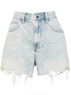 light blue cotton denim frayed hem contrast stitching classic five pockets front button and zip fastening belt loops high-rise straight leg Cute Denim Blue Cotton Shorts, Luxury Denim Blue Short Bottoms, Luxury Denim Blue Shorts With Pockets, Farfetch Shorts Jeans, High-end Denim Blue Shorts With Pockets, Fashion Content, Free Fashion, High Rise Denim Shorts, Vintage Hoodies