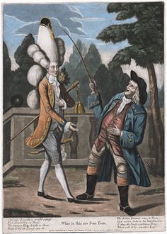 "What is this my son Tom" by S.H. Grimm, 1774, published by Robert Sayer & John Bennett, London. Copyright the Lewis Walpole Library, Yale University. For more info: http://twonerdyhistorygirls.blogspot.com/2012/01/another-question-of-georgian-taste-what.html Macaroni Fashion, John Bennett, Damsel In This Dress, Caricature Drawing, Italian Pasta, Young Men, English Countryside, Caricatures