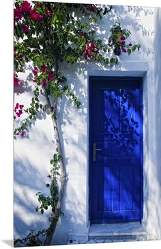 a blue door is in front of a white building with pink flowers on the outside