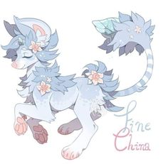 a drawing of a cat with flowers on it's head and tail, sitting next to the word fine china