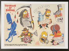 the simpsons characters are depicted in this tattoo sticker art set, which includes an angry bird and other cartoon characters