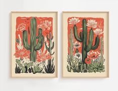 two framed art prints with cactus and flowers on the same wall, one is orange