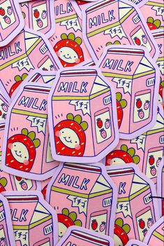 pink stickers with cartoon milk cartons on them