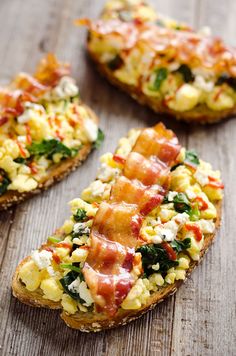 three pieces of bread with different toppings on them