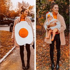 two women in costumes, one holding a baby and the other carrying an egg costume