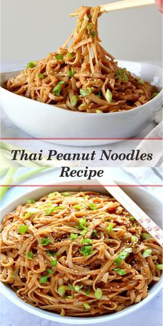 two pictures of noodles with chopsticks in them and the words that peanut noodles recipe