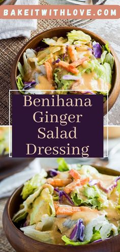 a bowl filled with salad and dressing on top of a table