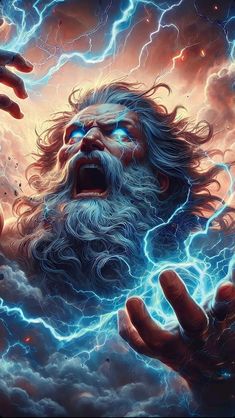 a man with long hair and blue eyes is surrounded by lightning