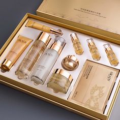 PRICES MAY VARY. ❤【Anti Aging Skin Care Sets 】Comprehensive set includes Women's Facial Cleanser 80g,Facial Toner 120 ml,Facial Serum 30ml,Facial Cream 50g,Eye Cream 15g and Lotion 100 ml providing a complete skin care routine for anti-aging needs.The golden gift box and practicality make it a great creative gift for women. Top tier birthday gifts for women, gifts for wives, gifts for girlfriends, gifts for her, gifts for mothers. Protect their skin and maintain a youthful appearance. ❤【Mild Tex Complete Skin Care Routine, Daily Care Routine, Desain Buklet, Skin Care Packaging, Skincare Gift Set, Anti Aging Skin, Pretty Skin Care, Gift Sets For Women, Skin Care Kit