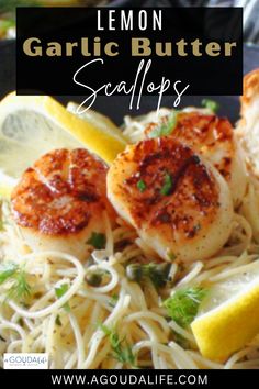 lemon garlic butter scallops on top of pasta