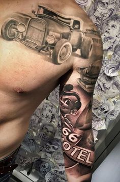 a man's arm with an old fashion car tattoo on the left side of his body